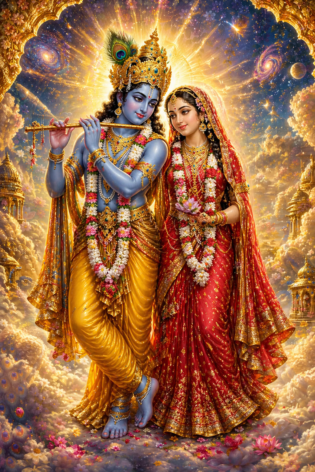 Radha Krishna in celestial setting standing on clouds with stars and divine golden radiance — epic HD wallpaper